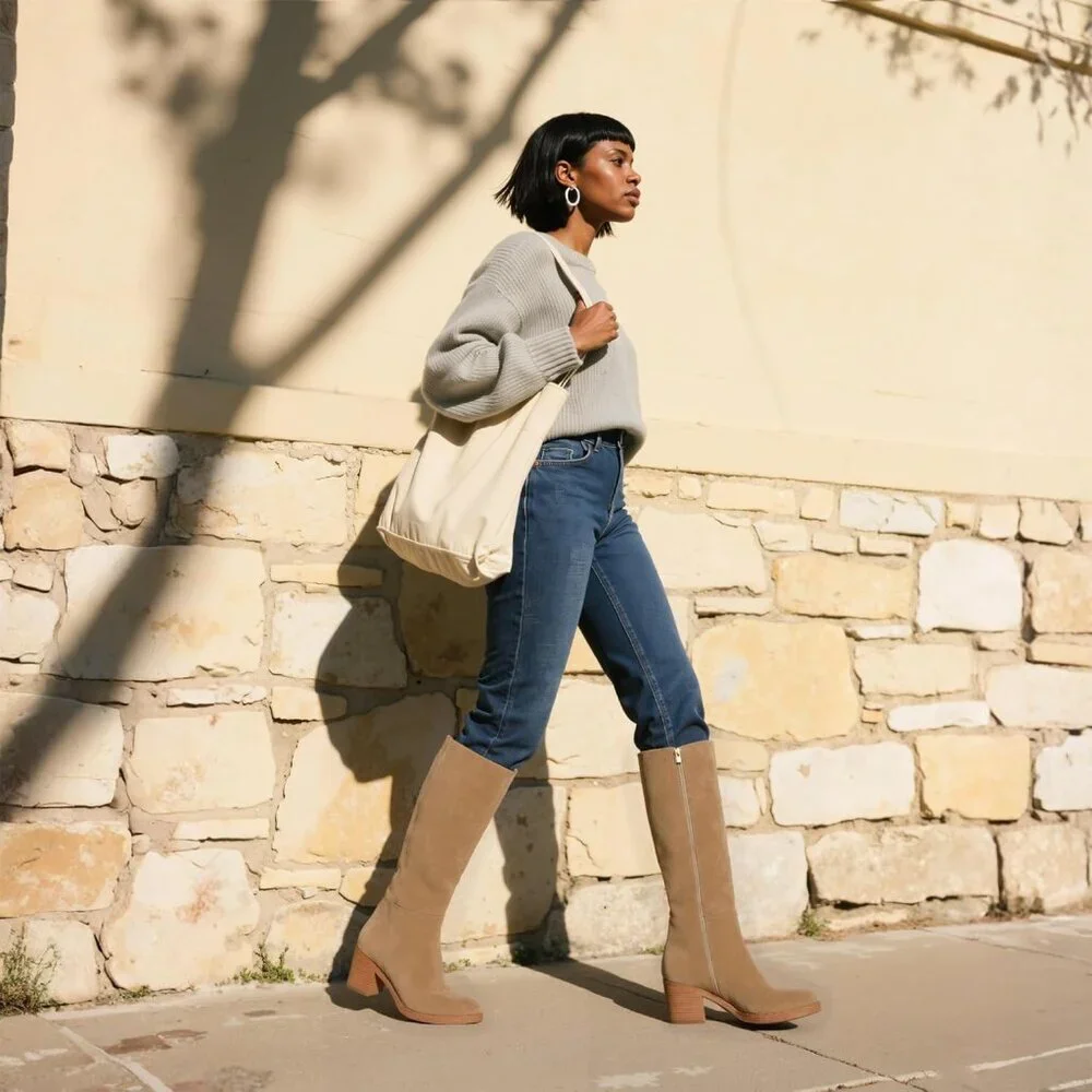 Women's Suede Camel Chunky Heel Round Zipper Winter Dress Tall Knee High Boots